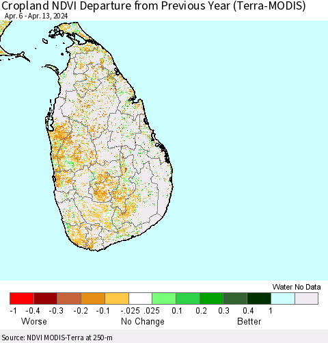 Sri Lanka Cropland NDVI Departure from Previous Year (Terra-MODIS) Thematic Map For 4/6/2024 - 4/13/2024