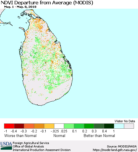 Sri Lanka NDVI Departure from Average (Terra-MODIS) Thematic Map For 5/1/2018 - 5/10/2018