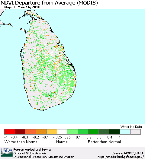 Sri Lanka NDVI Departure from Average (Terra-MODIS) Thematic Map For 5/11/2018 - 5/20/2018