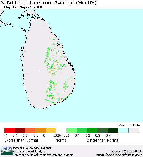 Sri Lanka NDVI Departure from Average (Terra-MODIS) Thematic Map For 5/21/2018 - 5/31/2018