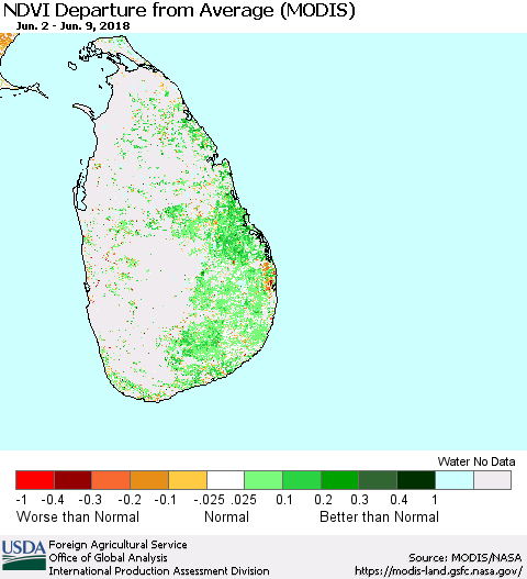 Sri Lanka NDVI Departure from Average (Terra-MODIS) Thematic Map For 6/1/2018 - 6/10/2018