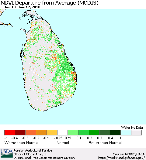 Sri Lanka NDVI Departure from Average (Terra-MODIS) Thematic Map For 6/11/2018 - 6/20/2018