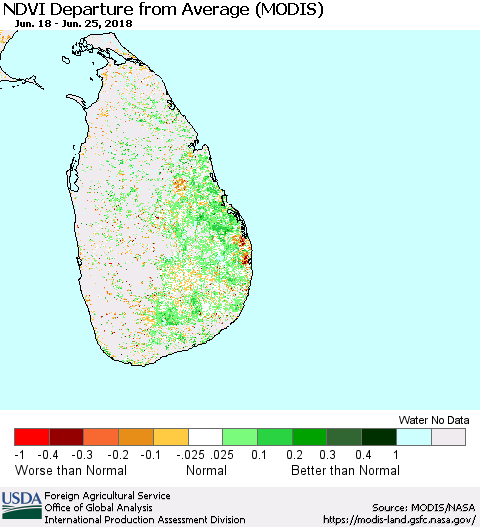 Sri Lanka NDVI Departure from Average (Terra-MODIS) Thematic Map For 6/21/2018 - 6/30/2018