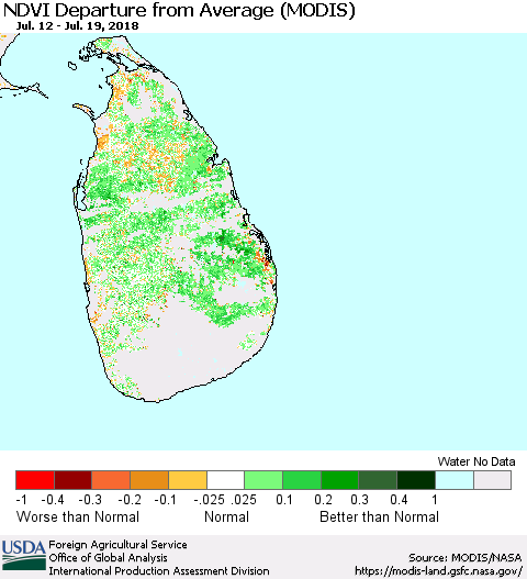Sri Lanka NDVI Departure from Average (Terra-MODIS) Thematic Map For 7/11/2018 - 7/20/2018