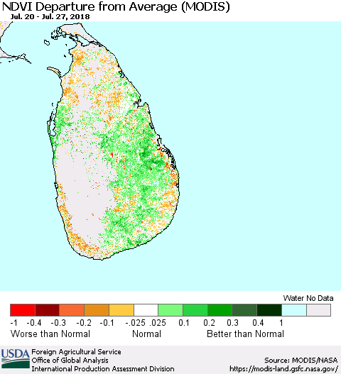 Sri Lanka NDVI Departure from Average (Terra-MODIS) Thematic Map For 7/21/2018 - 7/31/2018