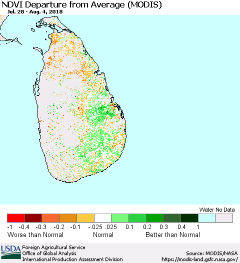 Sri Lanka NDVI Departure from Average (Terra-MODIS) Thematic Map For 8/1/2018 - 8/10/2018
