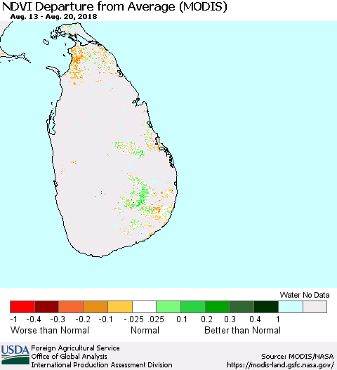 Sri Lanka NDVI Departure from Average (Terra-MODIS) Thematic Map For 8/11/2018 - 8/20/2018