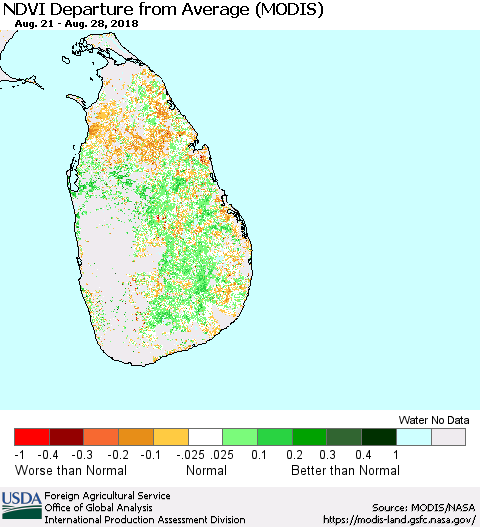 Sri Lanka NDVI Departure from Average (Terra-MODIS) Thematic Map For 8/21/2018 - 8/31/2018