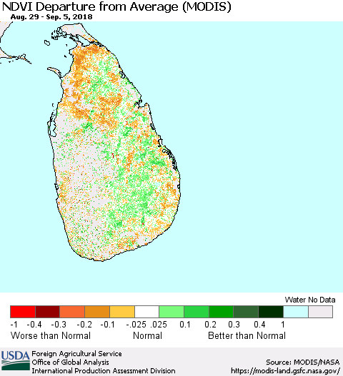 Sri Lanka NDVI Departure from Average (Terra-MODIS) Thematic Map For 9/1/2018 - 9/10/2018