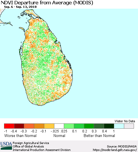 Sri Lanka NDVI Departure from Average (Terra-MODIS) Thematic Map For 9/11/2018 - 9/20/2018