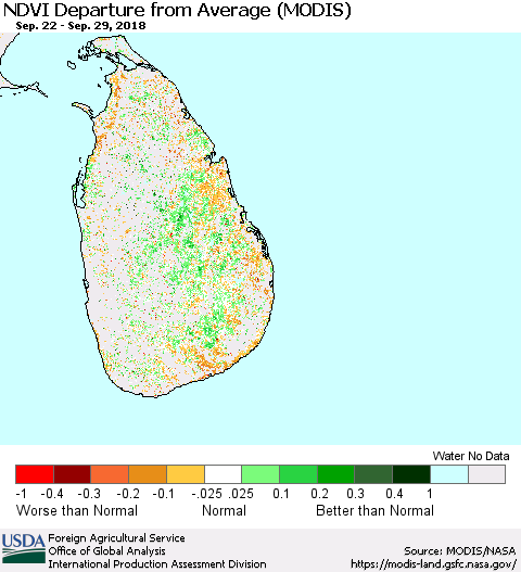 Sri Lanka NDVI Departure from Average (Terra-MODIS) Thematic Map For 9/21/2018 - 9/30/2018