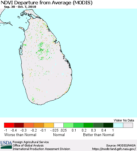 Sri Lanka NDVI Departure from Average (MODIS-Terra) Thematic Map For 10/1/2018 - 10/10/2018