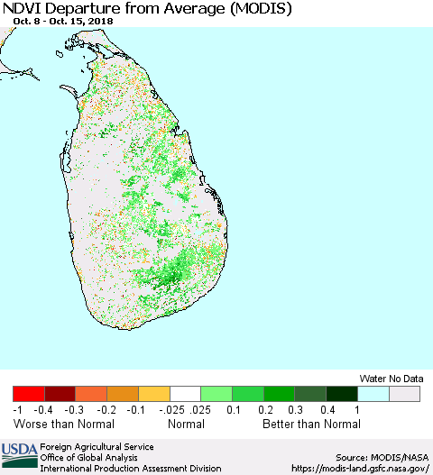 Sri Lanka NDVI Departure from Average (MODIS-Terra) Thematic Map For 10/11/2018 - 10/20/2018