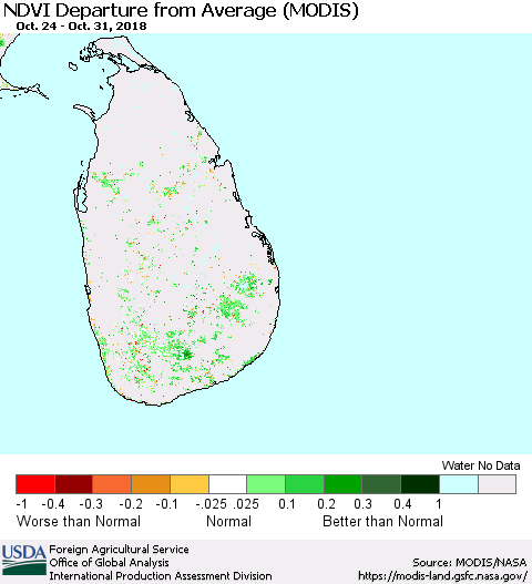 Sri Lanka NDVI Departure from Average (MODIS-Terra) Thematic Map For 10/21/2018 - 10/31/2018