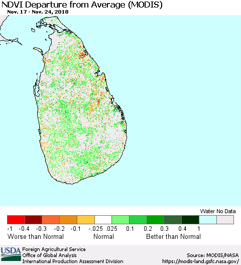 Sri Lanka NDVI Departure from Average (MODIS-Terra) Thematic Map For 11/21/2018 - 11/30/2018