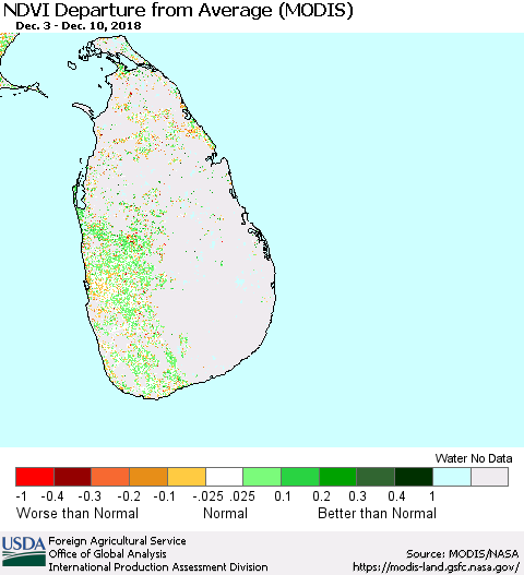 Sri Lanka NDVI Departure from Average (Terra-MODIS) Thematic Map For 12/1/2018 - 12/10/2018