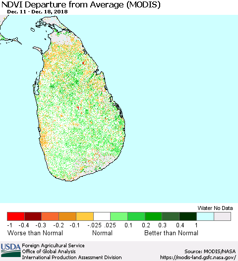 Sri Lanka NDVI Departure from Average (MODIS-Terra) Thematic Map For 12/11/2018 - 12/20/2018