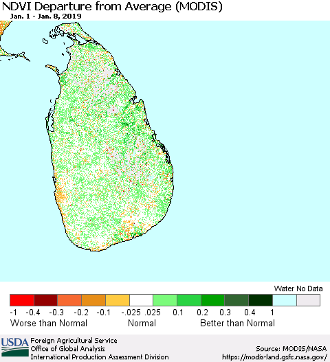 Sri Lanka NDVI Departure from Average (MODIS-Terra) Thematic Map For 1/1/2019 - 1/10/2019
