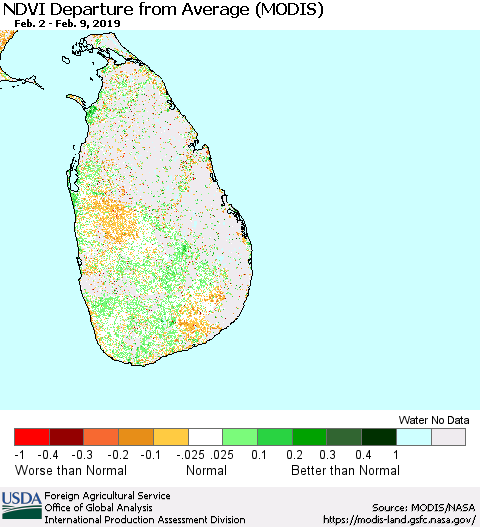 Sri Lanka NDVI Departure from Average (MODIS-Terra) Thematic Map For 2/1/2019 - 2/10/2019
