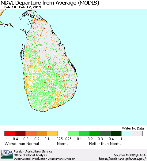 Sri Lanka NDVI Departure from Average (MODIS-Terra) Thematic Map For 2/11/2019 - 2/20/2019