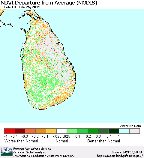 Sri Lanka NDVI Departure from Average (MODIS-Terra) Thematic Map For 2/21/2019 - 2/28/2019