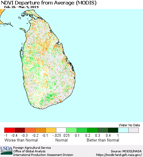 Sri Lanka NDVI Departure from Average (MODIS-Terra) Thematic Map For 3/1/2019 - 3/10/2019