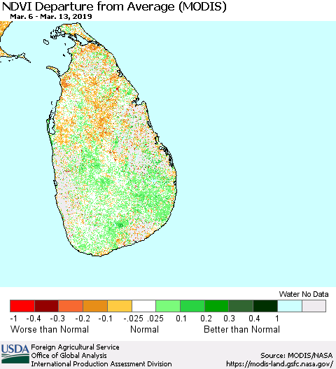 Sri Lanka NDVI Departure from Average (MODIS-Terra) Thematic Map For 3/11/2019 - 3/20/2019