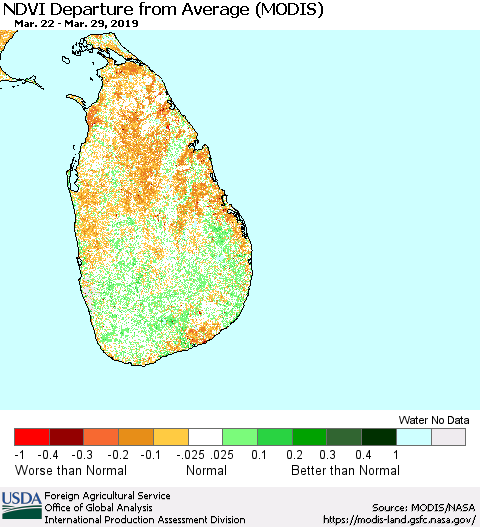 Sri Lanka NDVI Departure from Average (MODIS-Terra) Thematic Map For 3/21/2019 - 3/31/2019
