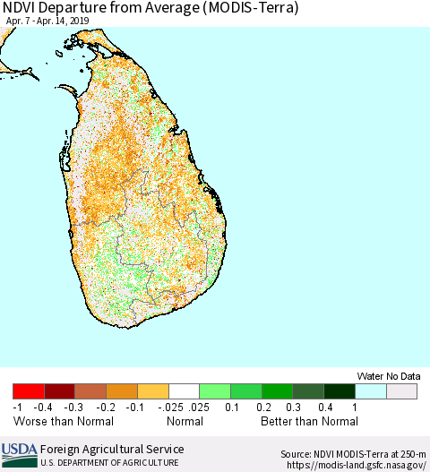Sri Lanka NDVI Departure from Average (MODIS-Terra) Thematic Map For 4/11/2019 - 4/20/2019
