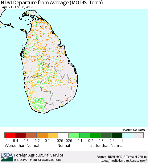 Sri Lanka NDVI Departure from Average (MODIS-Terra) Thematic Map For 4/21/2019 - 4/30/2019