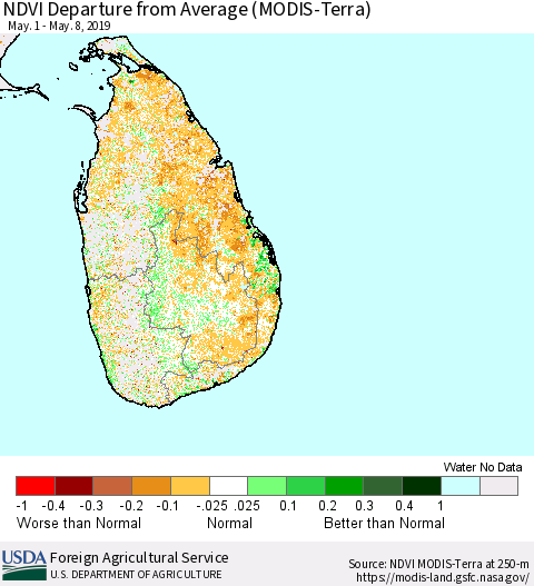 Sri Lanka NDVI Departure from Average (Terra-MODIS) Thematic Map For 5/1/2019 - 5/10/2019