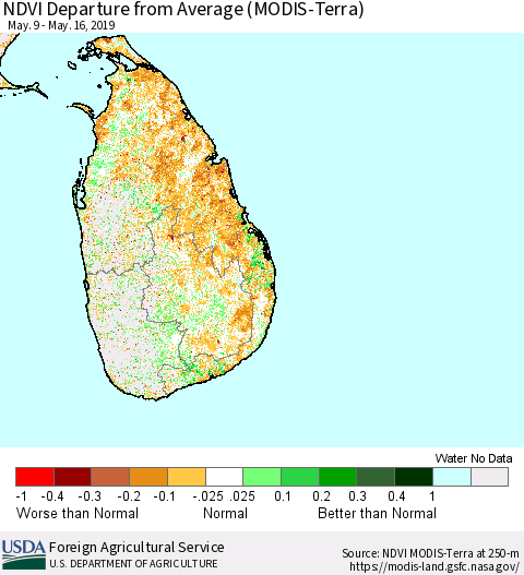 Sri Lanka NDVI Departure from Average (Terra-MODIS) Thematic Map For 5/11/2019 - 5/20/2019