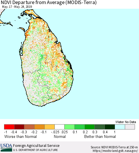 Sri Lanka NDVI Departure from Average (Terra-MODIS) Thematic Map For 5/21/2019 - 5/31/2019