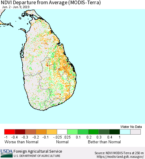 Sri Lanka NDVI Departure from Average (Terra-MODIS) Thematic Map For 6/1/2019 - 6/10/2019