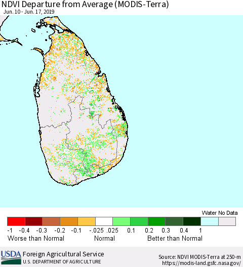 Sri Lanka NDVI Departure from Average (Terra-MODIS) Thematic Map For 6/11/2019 - 6/20/2019