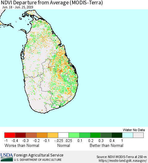 Sri Lanka NDVI Departure from Average (Terra-MODIS) Thematic Map For 6/21/2019 - 6/30/2019