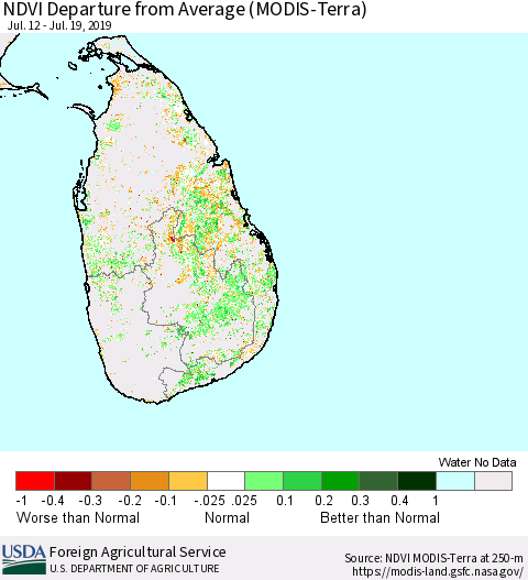 Sri Lanka NDVI Departure from Average (Terra-MODIS) Thematic Map For 7/11/2019 - 7/20/2019