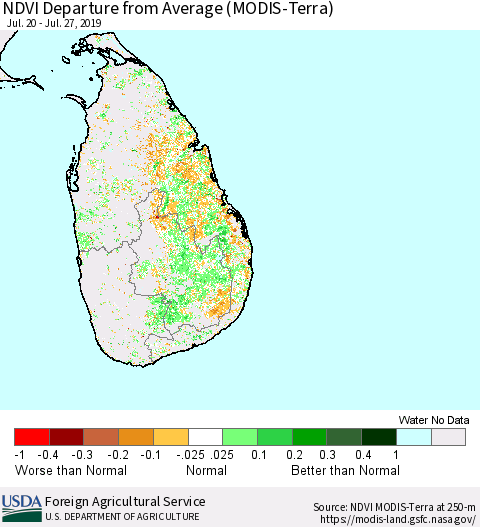 Sri Lanka NDVI Departure from Average (Terra-MODIS) Thematic Map For 7/21/2019 - 7/31/2019