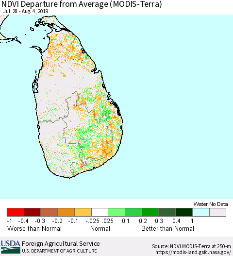 Sri Lanka NDVI Departure from Average (Terra-MODIS) Thematic Map For 8/1/2019 - 8/10/2019