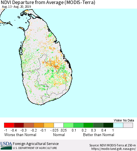 Sri Lanka NDVI Departure from Average (Terra-MODIS) Thematic Map For 8/11/2019 - 8/20/2019