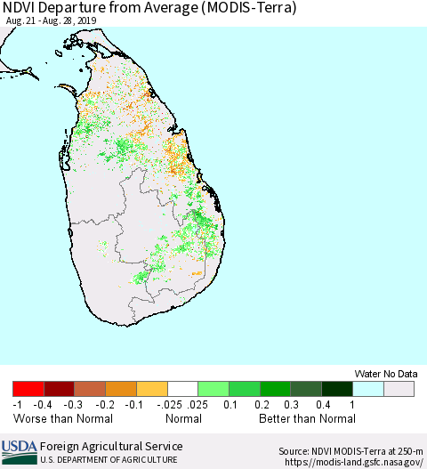 Sri Lanka NDVI Departure from Average (Terra-MODIS) Thematic Map For 8/21/2019 - 8/31/2019