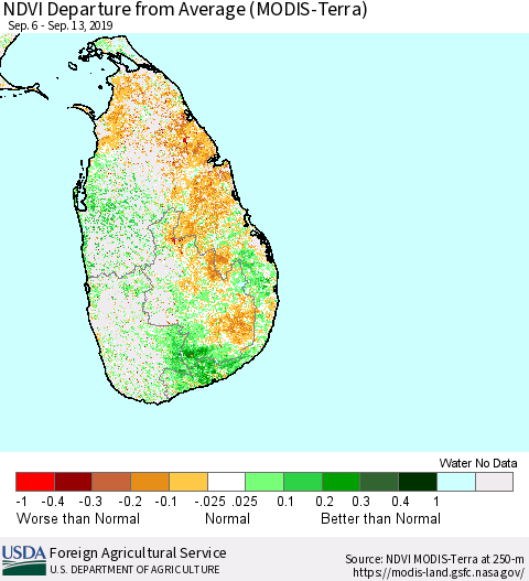 Sri Lanka NDVI Departure from Average (Terra-MODIS) Thematic Map For 9/11/2019 - 9/20/2019