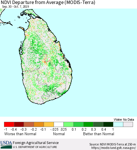 Sri Lanka NDVI Departure from Average (Terra-MODIS) Thematic Map For 10/1/2019 - 10/10/2019