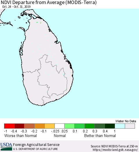 Sri Lanka NDVI Departure from Average (Terra-MODIS) Thematic Map For 10/21/2019 - 10/31/2019