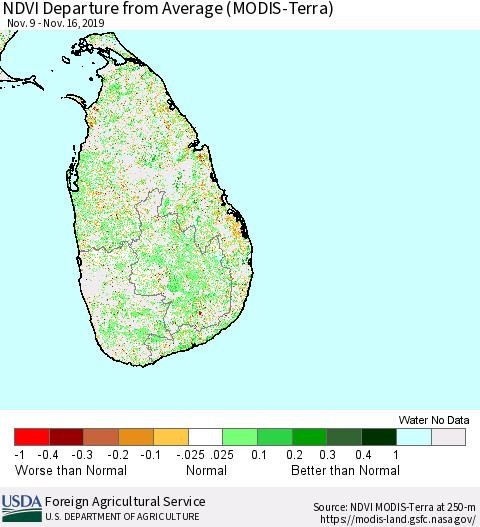 Sri Lanka NDVI Departure from Average (Terra-MODIS) Thematic Map For 11/11/2019 - 11/20/2019