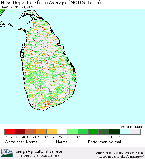 Sri Lanka NDVI Departure from Average (Terra-MODIS) Thematic Map For 11/21/2019 - 11/30/2019