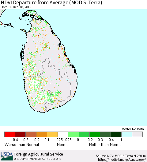 Sri Lanka NDVI Departure from Average (Terra-MODIS) Thematic Map For 12/1/2019 - 12/10/2019