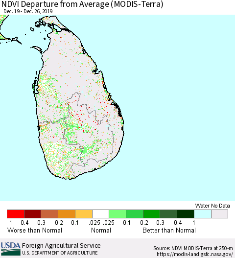 Sri Lanka NDVI Departure from Average (Terra-MODIS) Thematic Map For 12/21/2019 - 12/31/2019