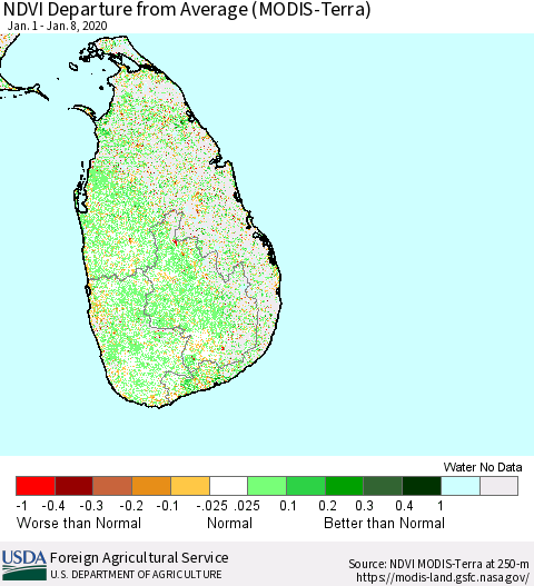 Sri Lanka NDVI Departure from Average (Terra-MODIS) Thematic Map For 1/1/2020 - 1/10/2020