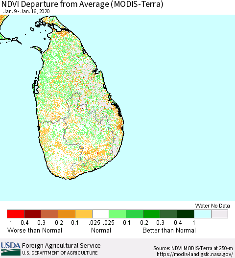 Sri Lanka NDVI Departure from Average (Terra-MODIS) Thematic Map For 1/11/2020 - 1/20/2020
